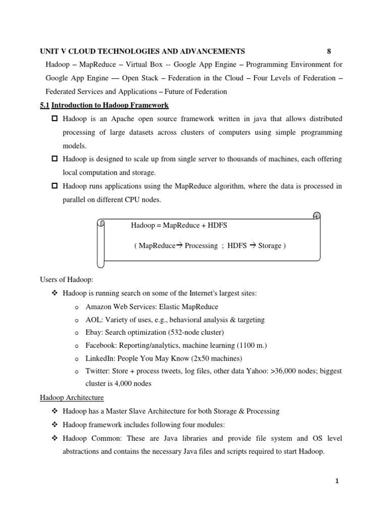 Unit V Cloud Computing Pdf Apache Hadoop Open Stack