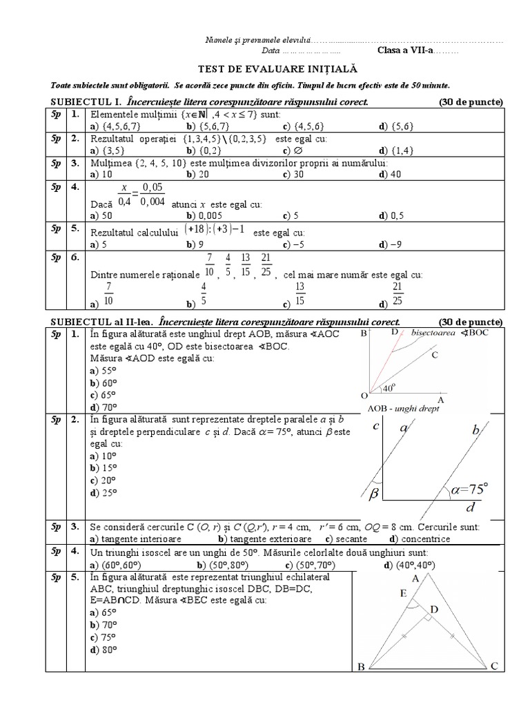 Test Evaluare Initiala Clasa 7 20222023 | PDF