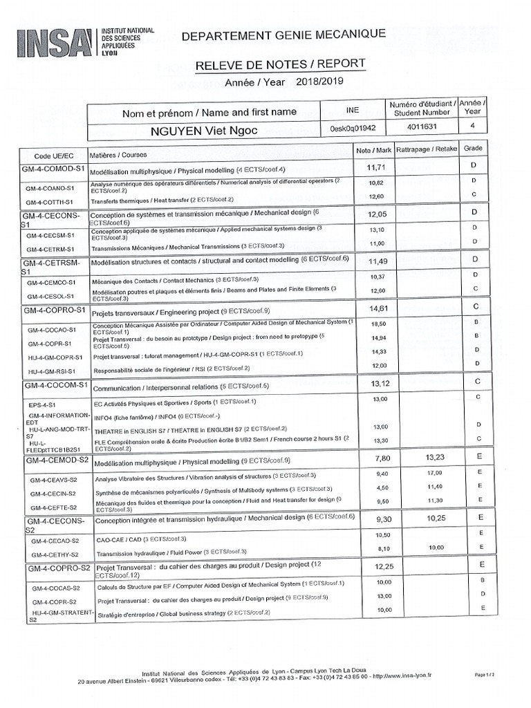 Transcript INSA Lyon - 4th Year | PDF