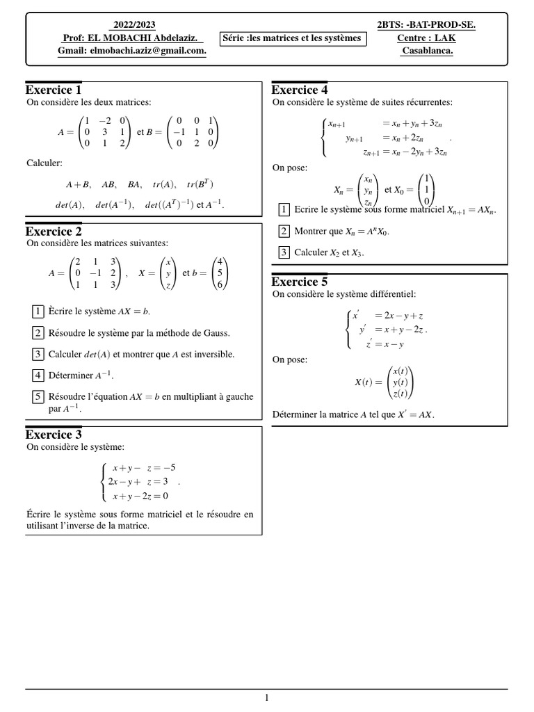 Systèmes et Matrices : Exercices Corrigés | PDF | Matrice ...