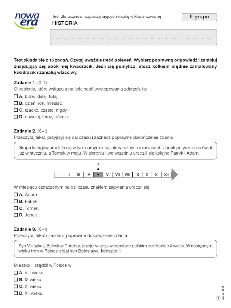 Diagnoza Nowa Era Klasa 2 HISTORIA - Diagnoza Klasa 4 Grupa 2 | PDF