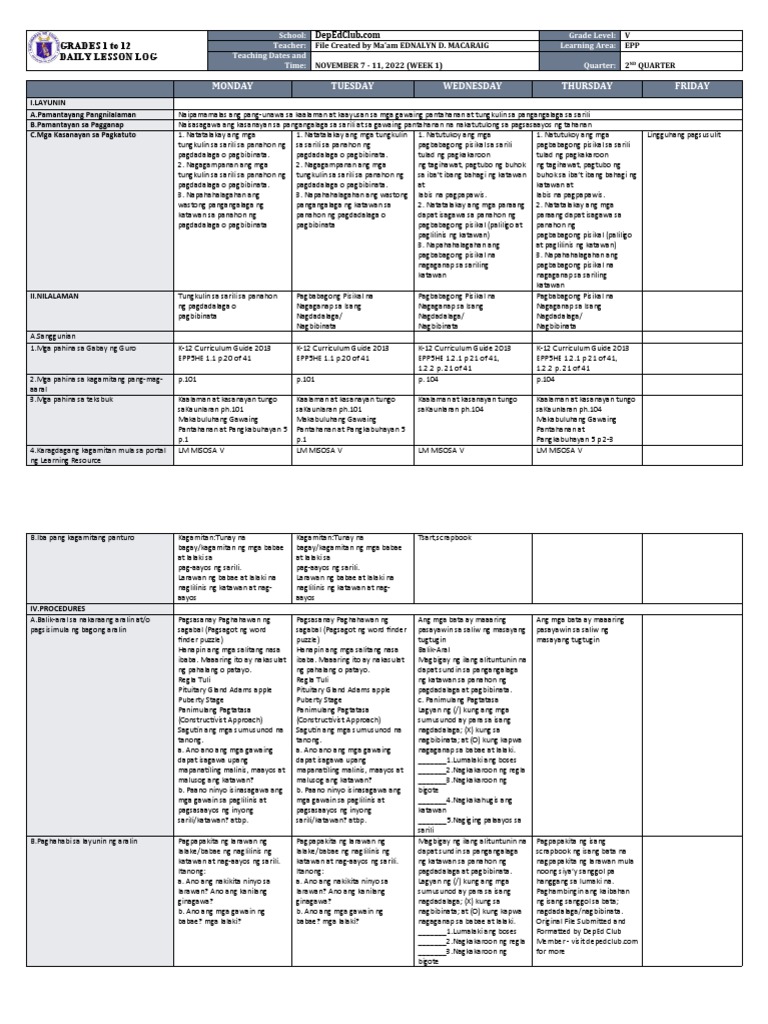 DLL - Epp 5 - Q2 - W1 | PDF