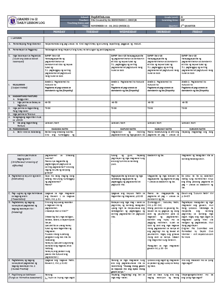 DLL - Esp 4 - Q2 - W2 | PDF