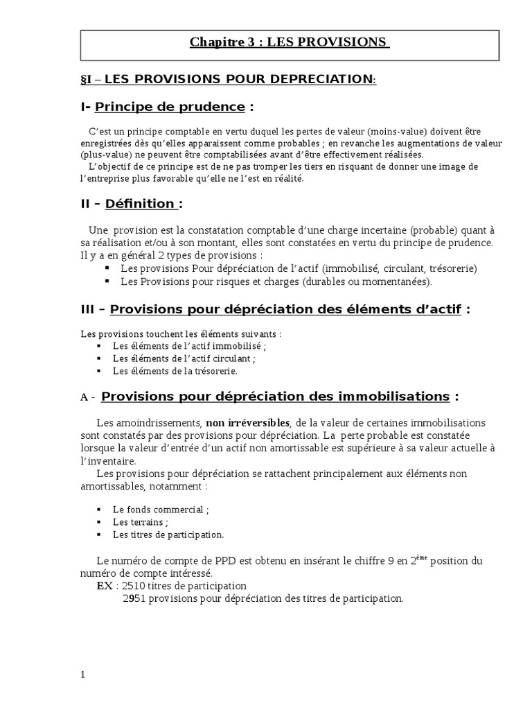 Provisions pour Dépréciation: Principes et Comptabilisation | PDF ...