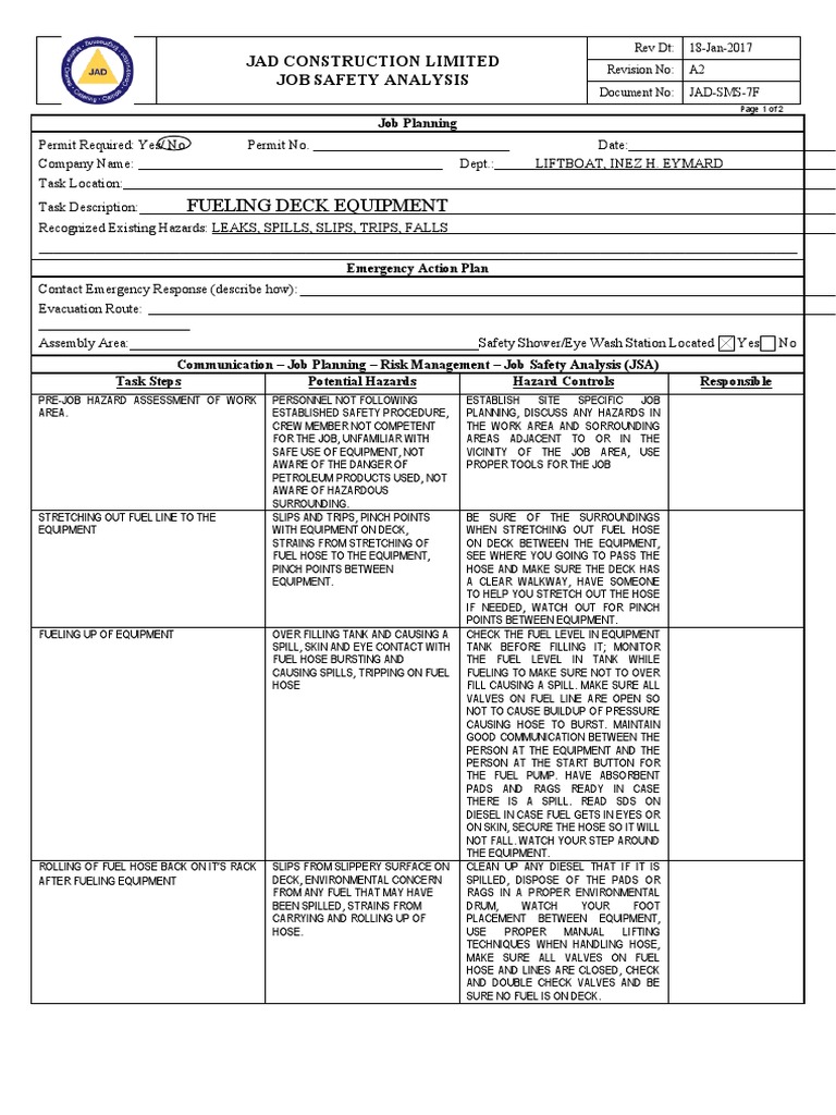 Job Safety Analysis for Fueling Operations | PDF | Safety ...
