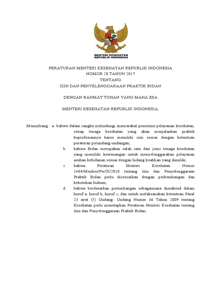 PMK No. 28 TTG Izin Dan Penyelenggaraan Praktik Bidan | PDF