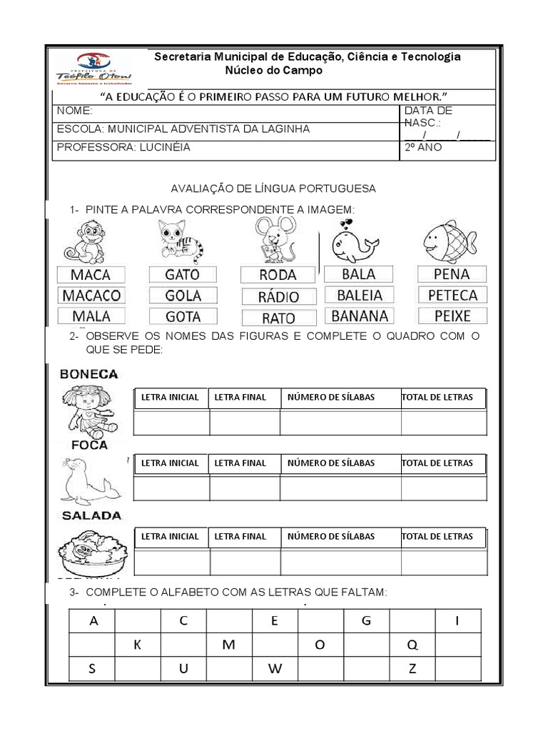 Avaliação de Português 2º Ano | PDF | Sílaba | Linguística