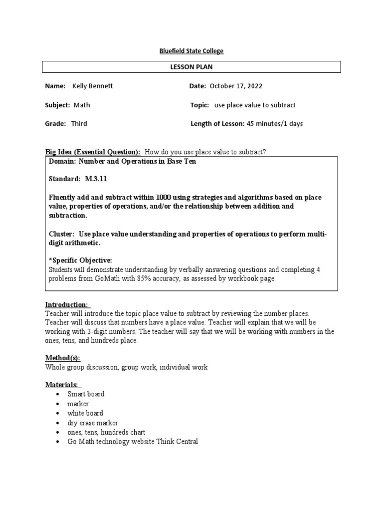 Third Grade Math: Subtracting with Place Value | PDF | Lesson Plan ...