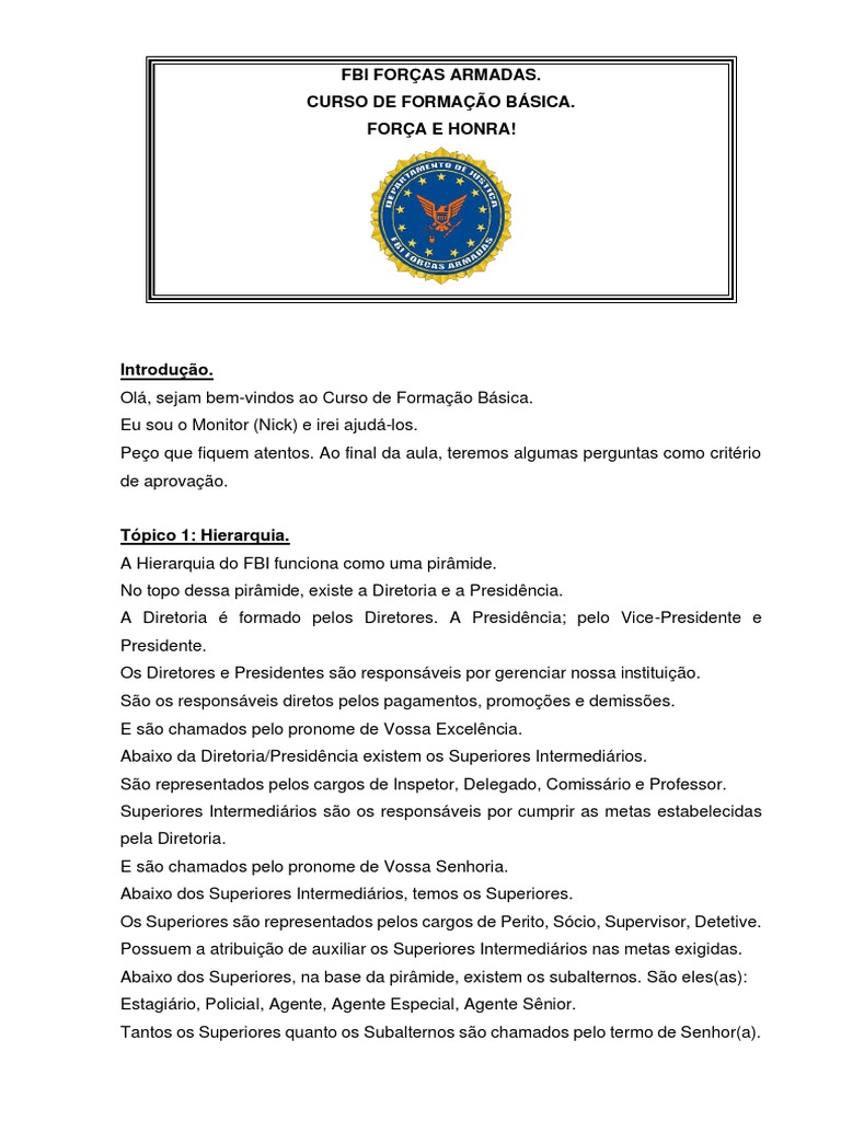 Curso de Formação Básica do FBI Forças Armadas: Hierarquia, Código de ...