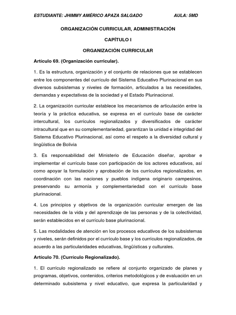 Organización Curricular en Bolivia | PDF | Plan de estudios