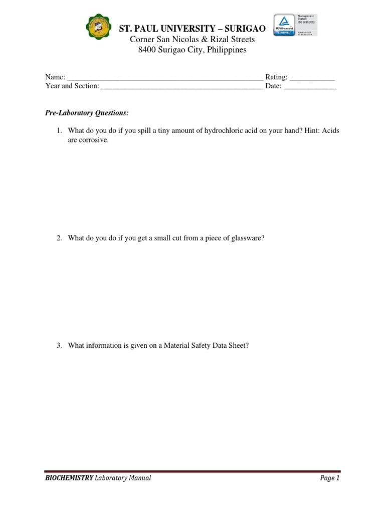 Pre Laboratory Questions Pdf Laboratories Safety