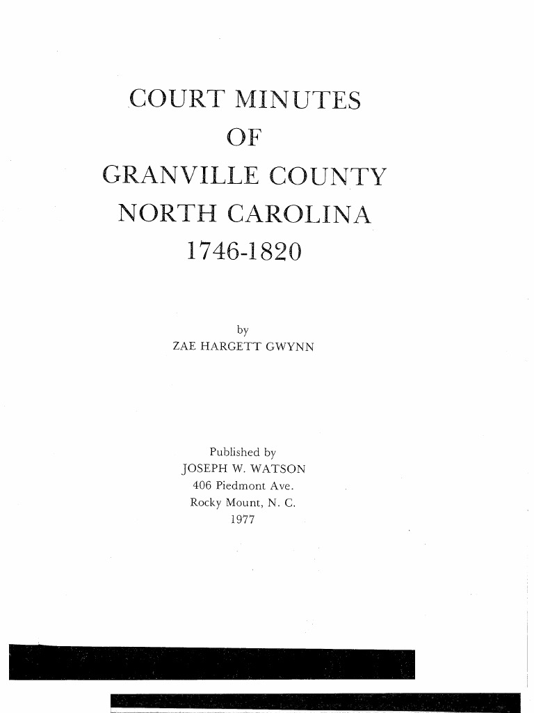 Book Index Court Minutes of Granville County, North Carolina 17461820