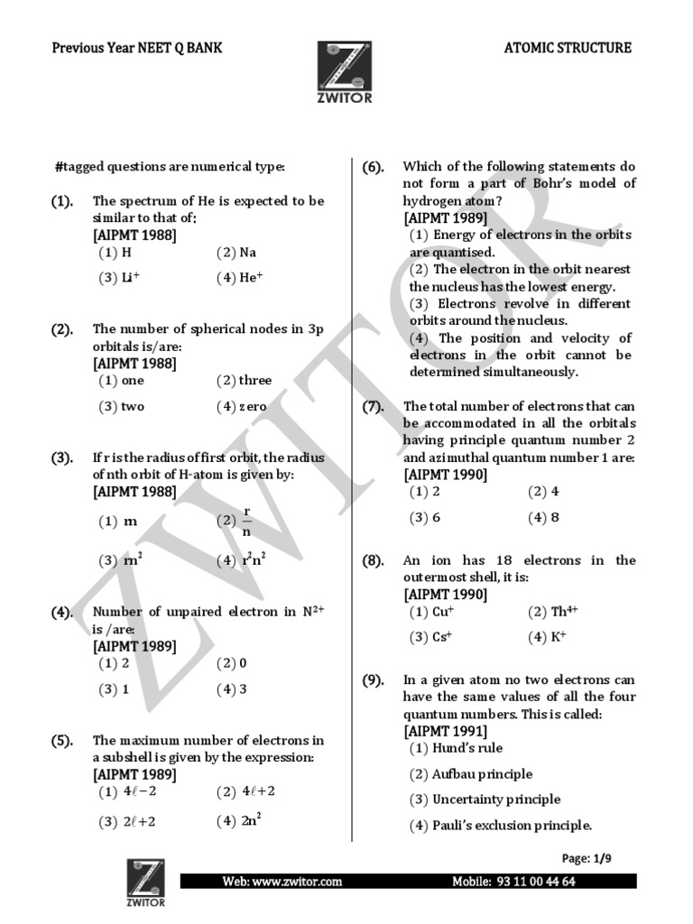 NEET Previous Year Questions: Atomic Structure | PDF | Atomic Orbital ...