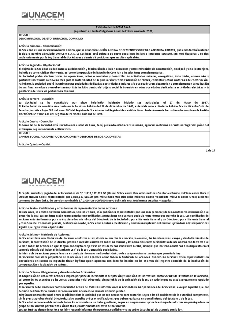 Estatuto UNACEM | PDF | Bancos | Dividendo