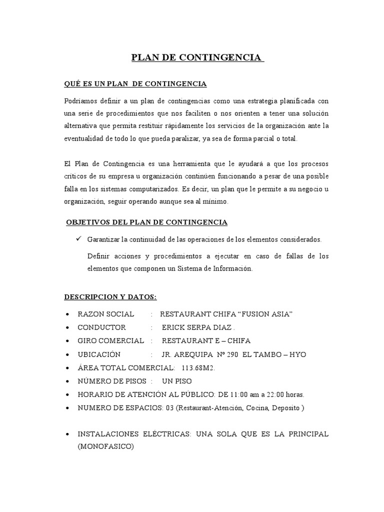 Plan de Contingencia para Restaurante | PDF | Fundación (Ingeniería ...