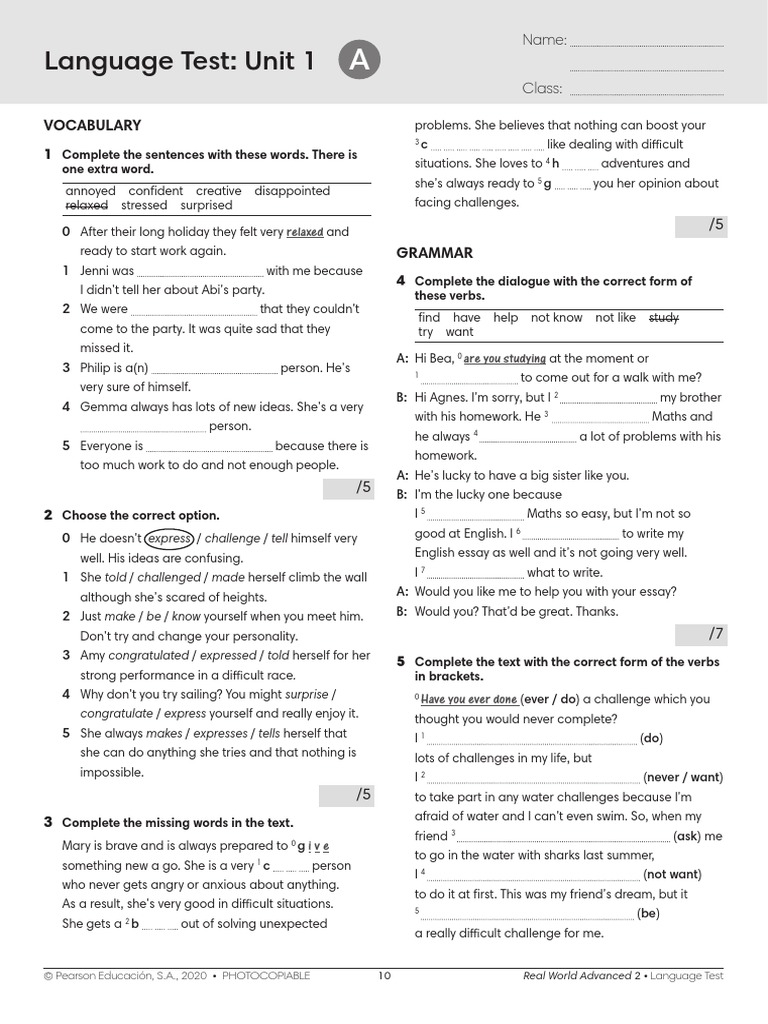 Real World Advanced 2 Unit Tests | PDF | English Language