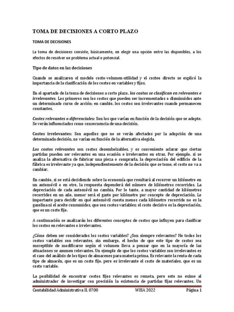 Costos en Decisiones a Corto Plazo | PDF | Toma de decisiones | Costo