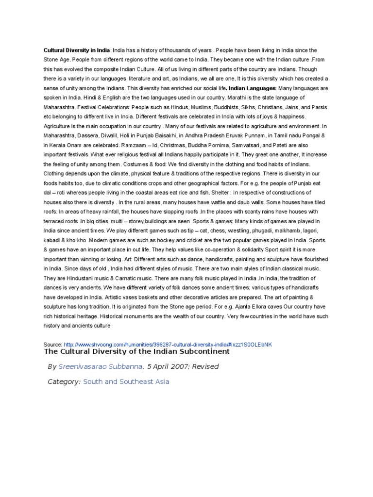Cultural Diversity in India | PDF | Multiculturalism | Race (Human ...