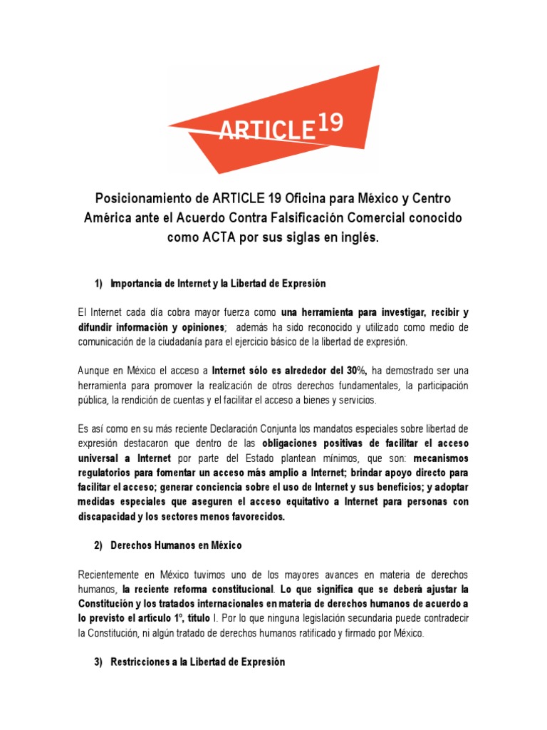 Posicionamiento VS El Acuerdo Contra Falsificación Comercial ACTA PDF Libertad de expresión
