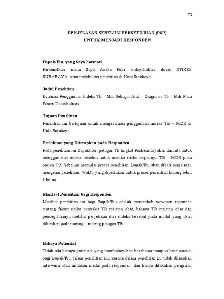 Penjelasan Sebelum Persetujuan (PSP) Untuk Menjadi Responden | PDF