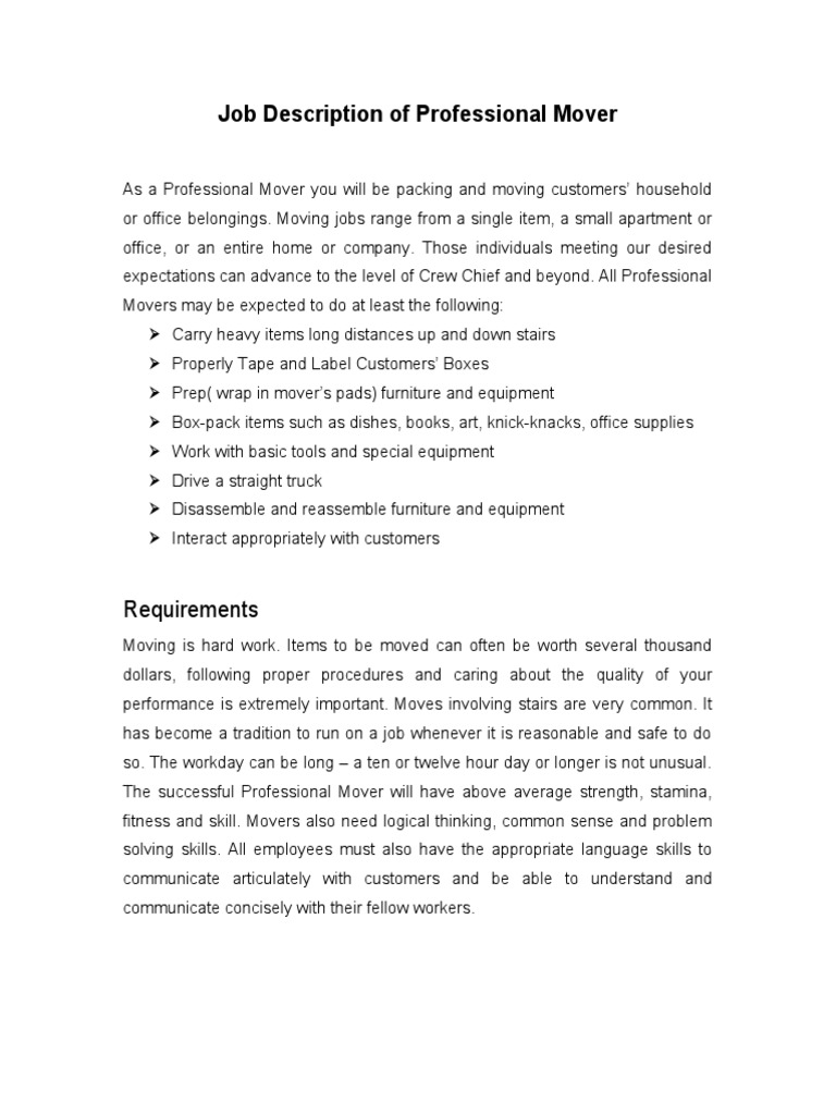 Mover Job Description PDF