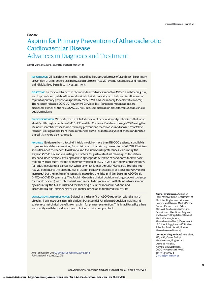 Aspirin For Primary Prevention of Atherosclerotic Cardiovascular