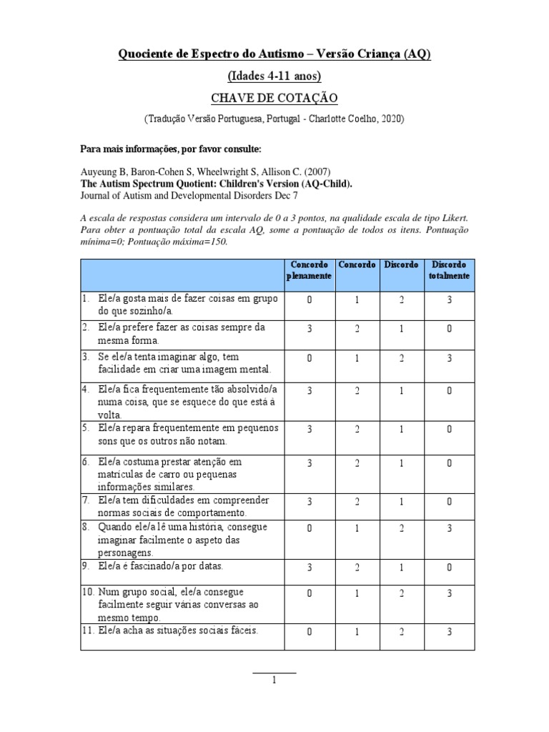 AQ Child Scoring Key Portuguese | PDF | Carreira e Crescimento | Artes ...