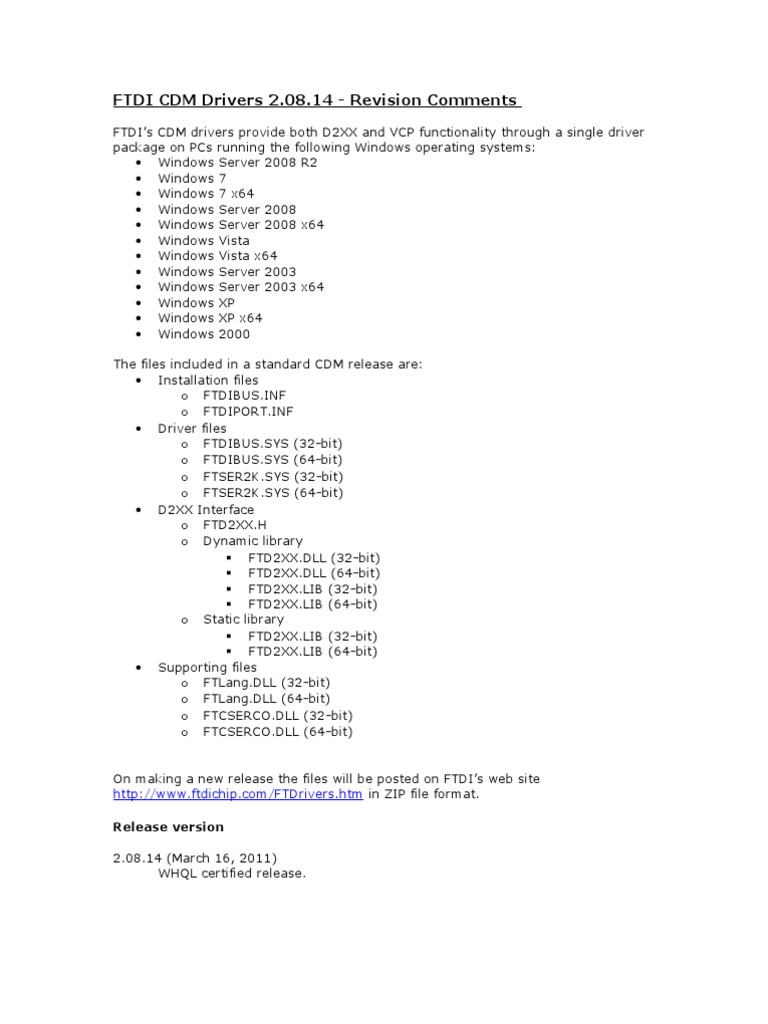 FTDI CDM Driver 2.08.14 Overview | PDF | Microsoft Windows | 64 Bit ...