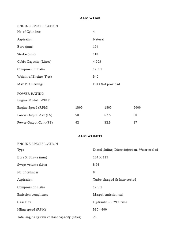 ALM WO4D & WO6DTI Engine Specs | PDF