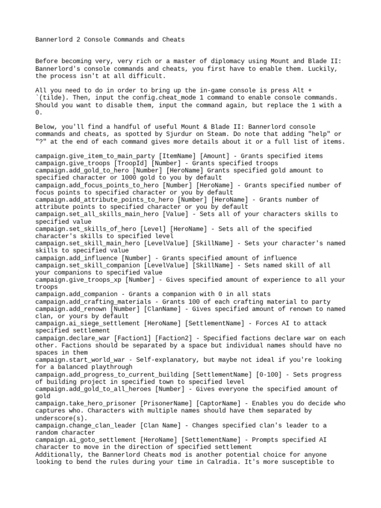 Bannerlord 2 Console Commands and Cheats PDF
