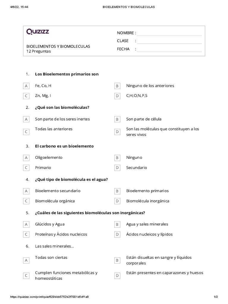 Taller BIOELEMENTOS Y BIOMOLECULAS....... | PDF | Biomoléculas | Moléculas