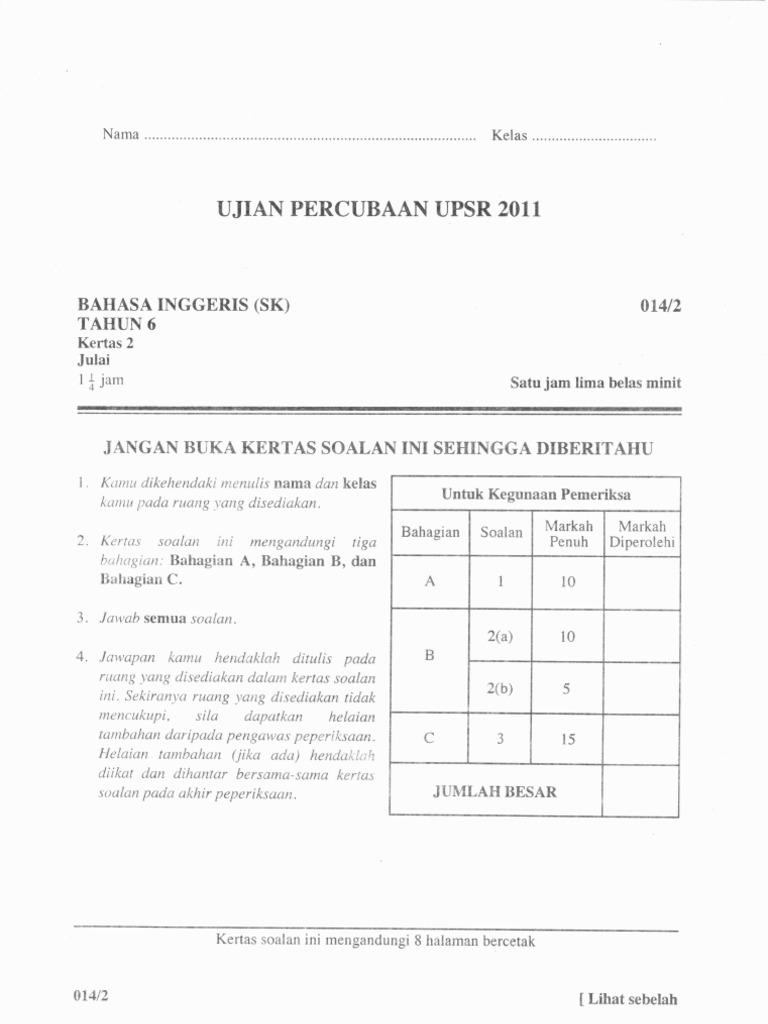 Percubaan UPSR Bahasa Inggeris Kertas 2 - Pahang 2011