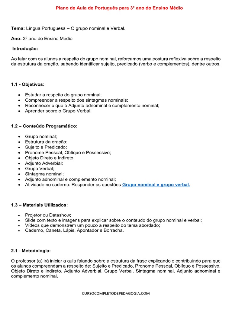 Plano de Aula de Portugues para 3° Ano Do Ensino Medio | PDF