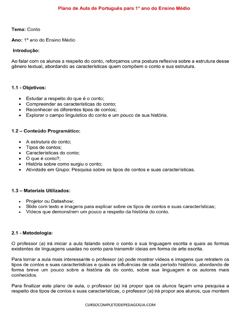 Plano de Aula de Portugues para 1° Ano Do Ensino Medio | PDF