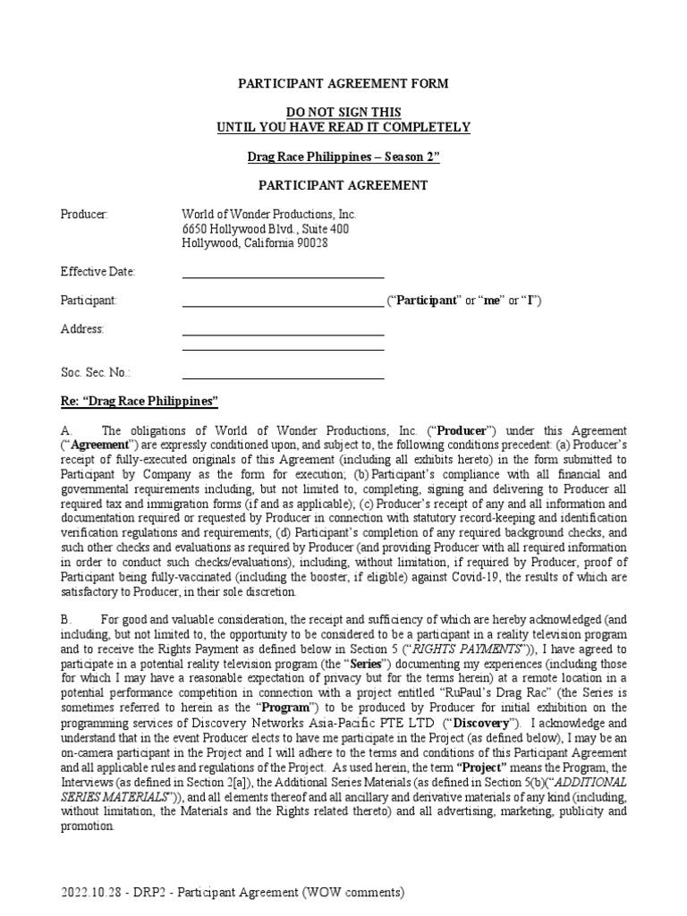 Drag Race Philippines Participant Agreement | PDF | Treaty | Health Care