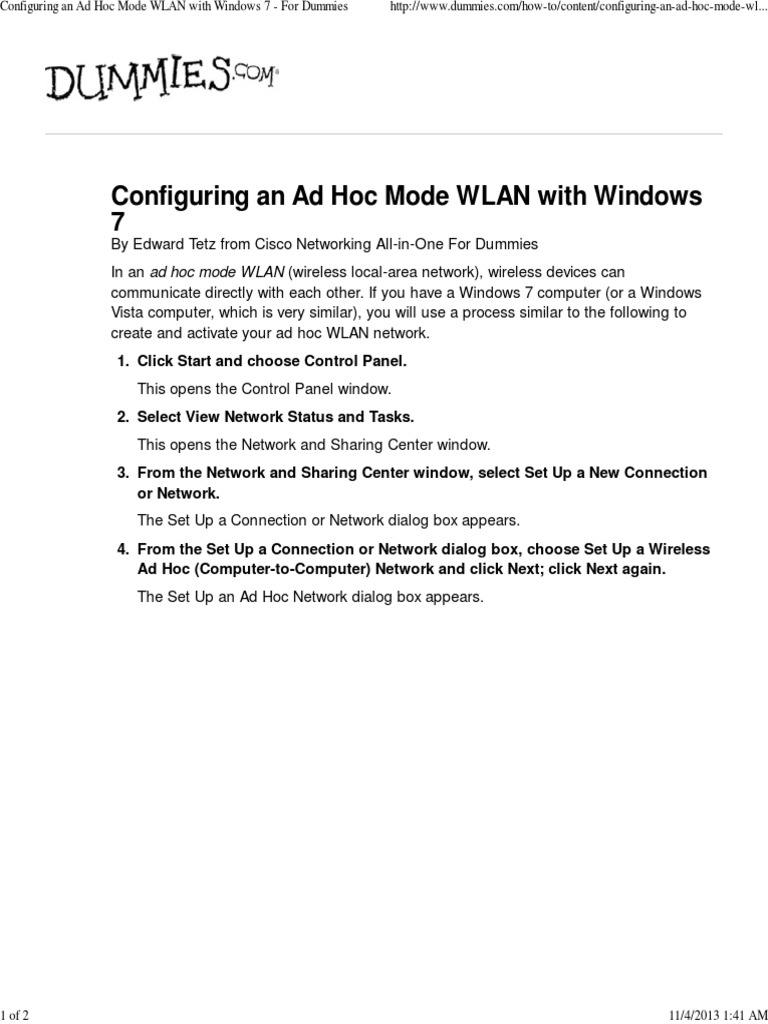 Configuring An Ad Hoc Mode WLAN With Windows 7 For Dummies PD PDF