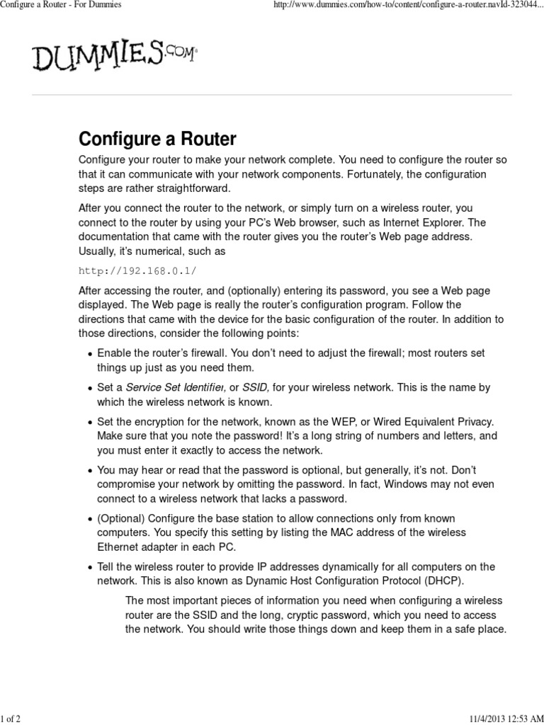 Configure A Router For Dummies PDF Computer Network Router