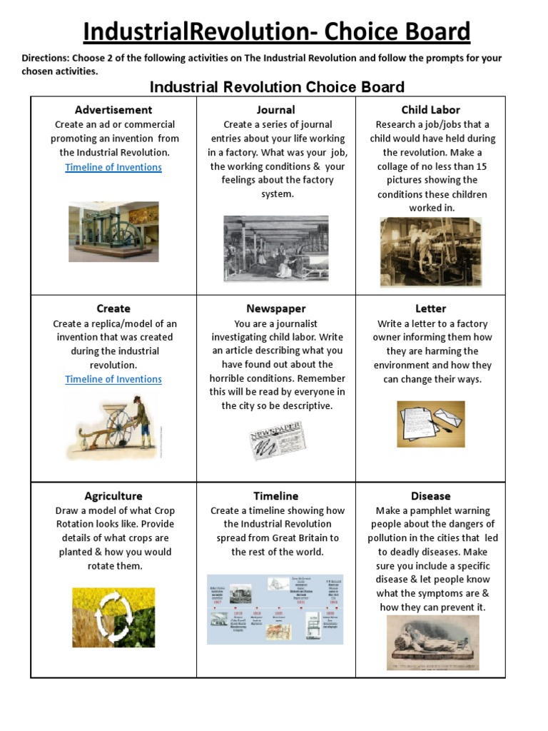 Industrial Revolution Choice Board | PDF | Industrial Revolution for Free Printable Industrial Revolution Worksheets