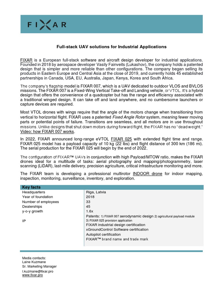 FIXAR - About The Company | PDF | Unmanned Aerial Vehicle | Aviation