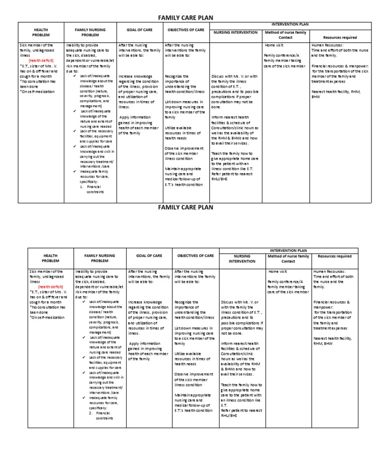 2 Family Care Plan-Health Deficit | PDF | Nursing | Life Sciences