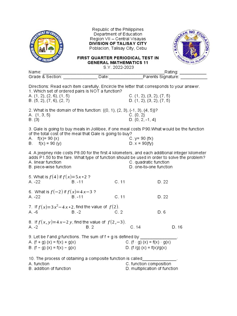 Gen Math Periodical Exam | PDF | Function (Mathematics) | Equations