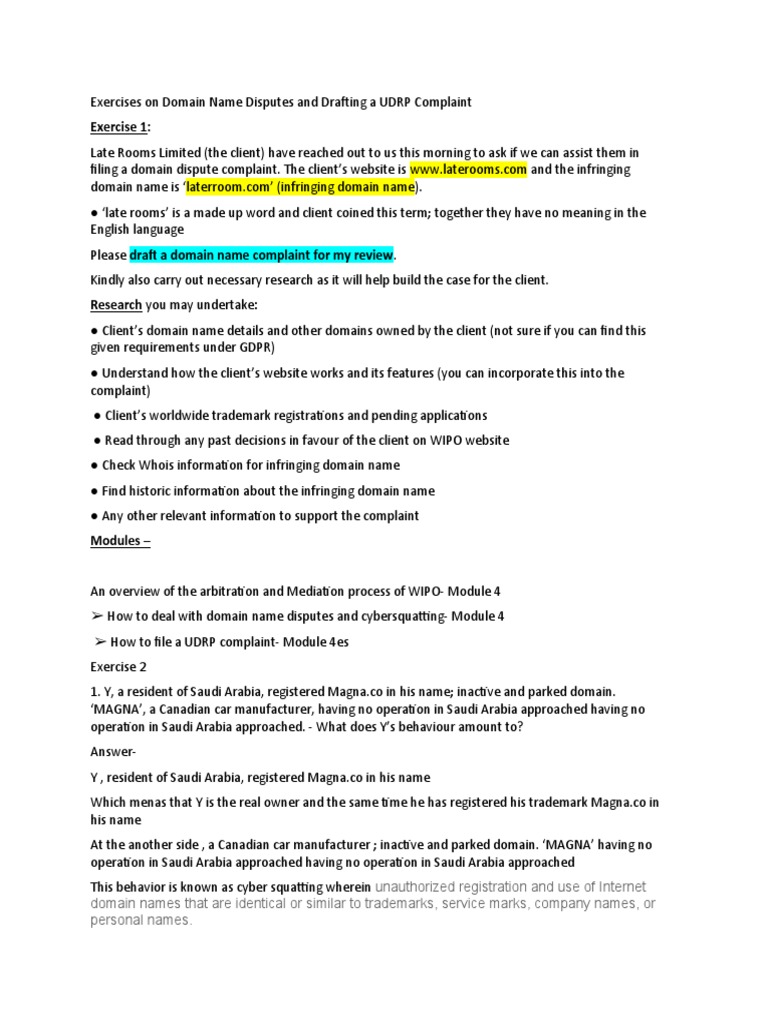 Exercises On Domain Name Disputes and Drafting A UDRP Complaint