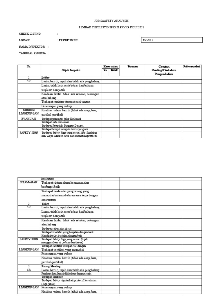 (Mentahan) Lembar Inspeksi Ruangan PRVKP FK-UI | PDF