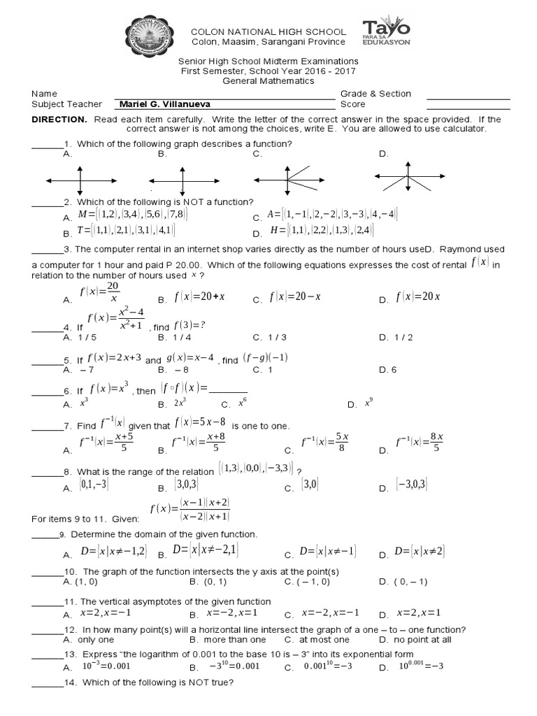 1st Grading Gen Math 2016-2017 | PDF | Logarithm | Function (Mathematics)