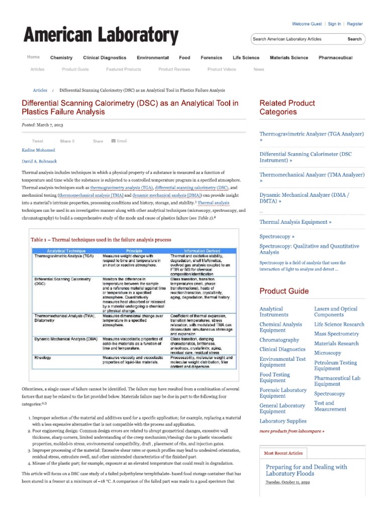 DSC as an analytical tool in plastics failure analysis PDF