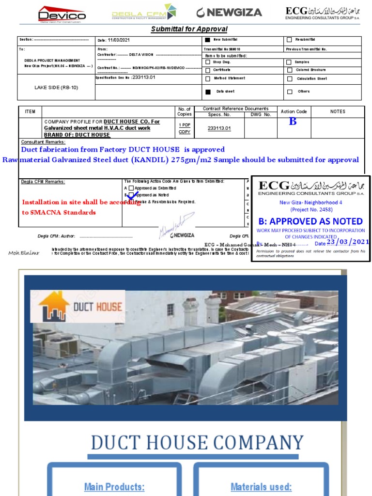 HighQuality HVAC Ductwork Submittal for New Giza Project PDF Duct (Flow) Sheet Metal