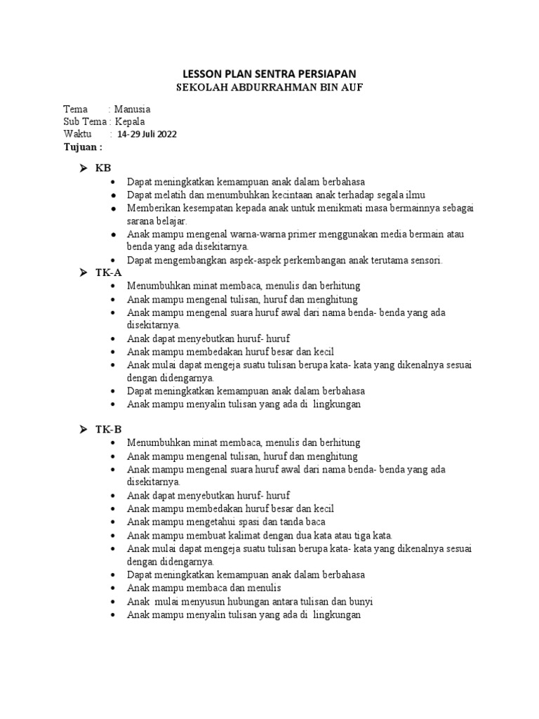 Lesson Plan Sentra Persiapan Tema Kepala | PDF