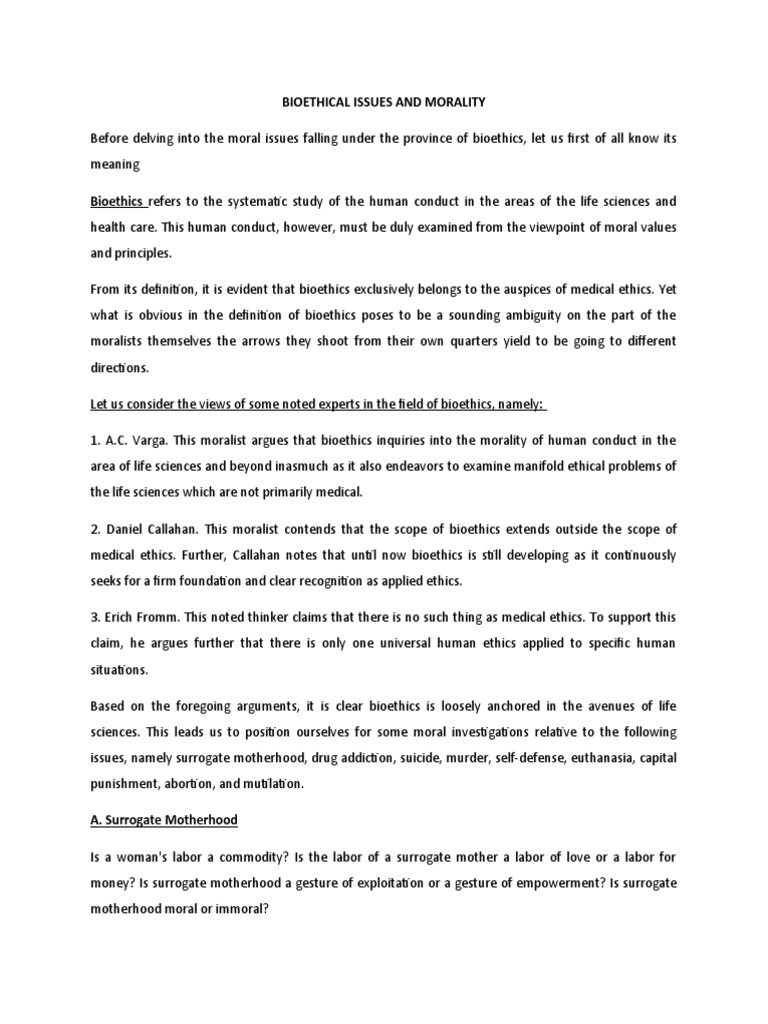 BIOETHICAL ISSUES AND MORALITY (Explaination) | PDF | Surrogacy | Drugs
