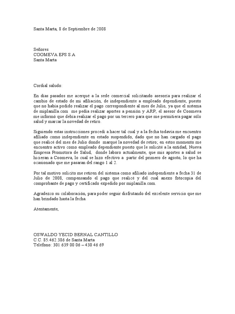Carta de retiro de coomeva