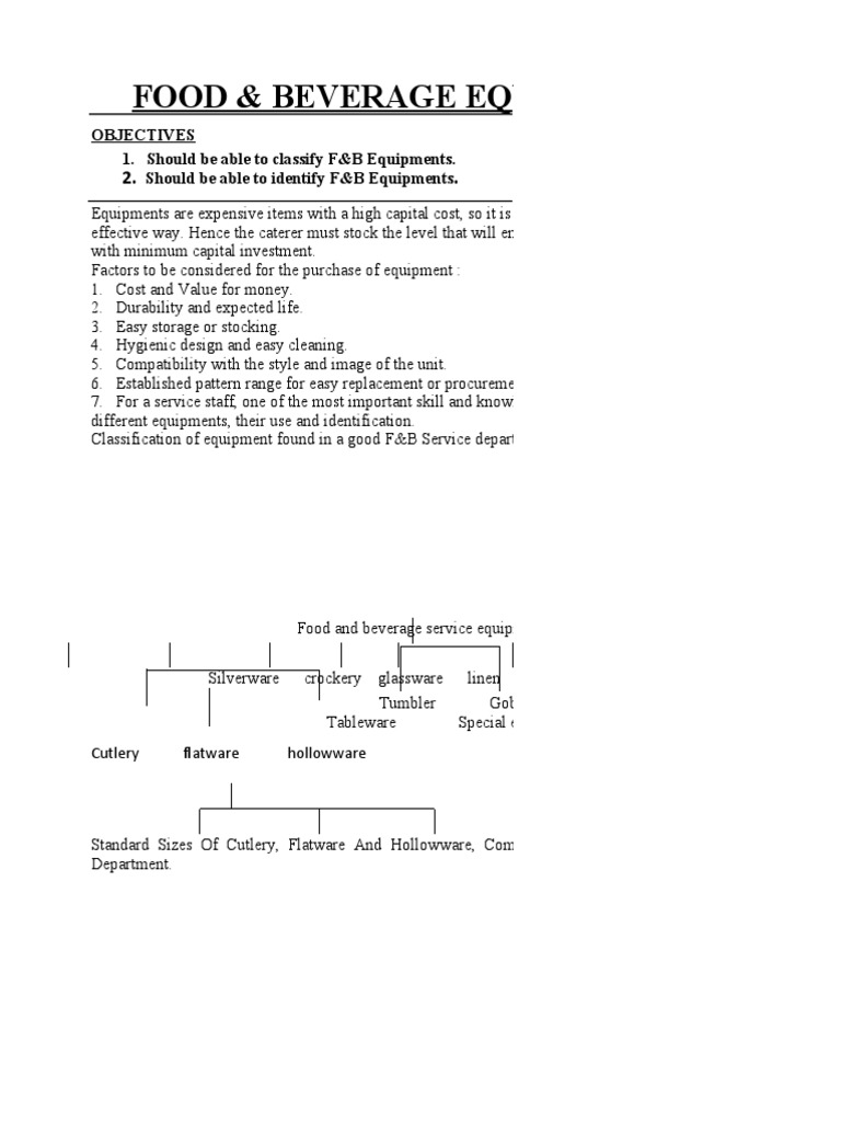 Chapter 2 Food and Beverage Equipments PDF Tableware Food And Drink
